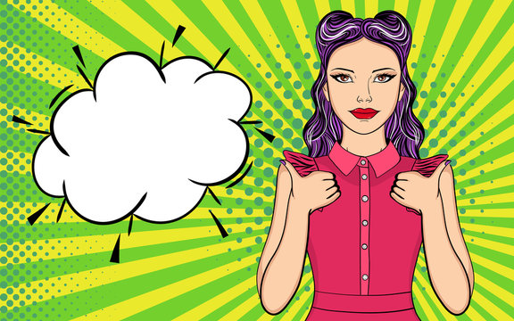 Pop art illustration of young sexy woman, showing thumbs up.