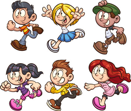Cartoon kids running clip art. Vector illustration with simple gradients. Each on a separate layer. 