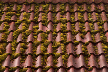 Red tile roof texture background. roof overgrown with moss