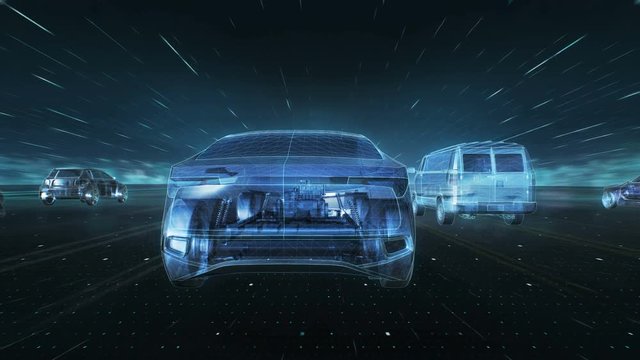 Future hybrid cars, Autonomous driving. Artificial Intelligence, IoT connect automotive. x-ray image, 4k animation.