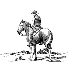 Ink drawing of cowboy on horse.