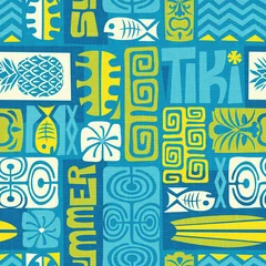Gordijnen Naadloos exotisch Tiki-patroon. Gebruik voor behang, stofpatronen, achtergronden. vector illustratie © TeddyandMia