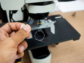 Selective focus microscope glass slide for scientist diagnosis and microscope lens at cytology and pathology department in the hospital
