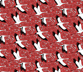 Traditional Japanese seamless vector repeat pattern, with storks bird flying and floral details, background, textile and wallpaper print,in red and white colors.
