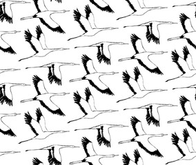 Vector seamless pattern with storks bird flying. Seamless with birds flying. Black and white. Pattern for fabric, baby clothes, background, textile, wrapping paper and other decoration.