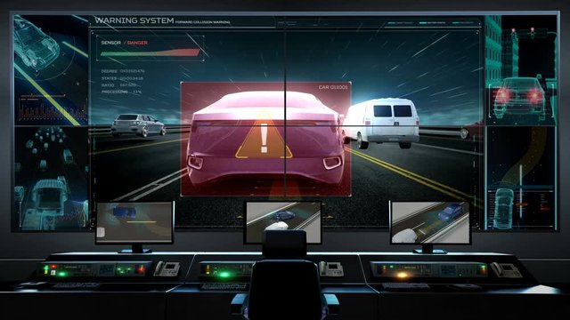 Main traffic control room, Autonomous driving. Road Lane alert with futuristic UI, Artificial Intelligence, IoT connect automotive. 4k animation.