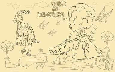 Fototapeta na wymiar contour illustration_16_coloring of small dinosaurs and trees, stones, plants, for design in the style of Doodle