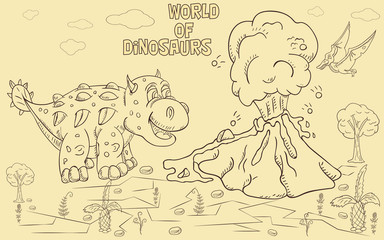 contour illustration_17_coloring of small dinosaurs and trees, stones, plants, for design in the style of Doodle