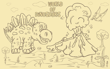 contour illustration_15_coloring of small dinosaurs and trees, stones, plants, for design in the style of Doodle