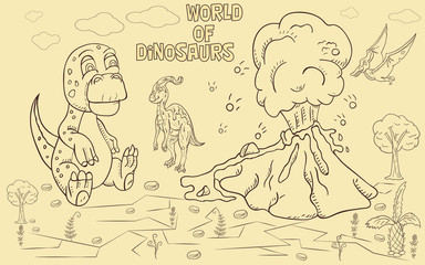 contour illustration_21_coloring of small dinosaurs and trees, stones, plants, for design in the style of Doodle