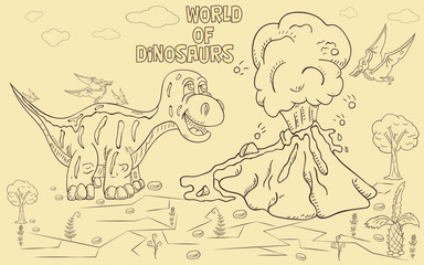 contour illustration_20_coloring of small dinosaurs and trees, stones, plants, for design in the style of Doodle