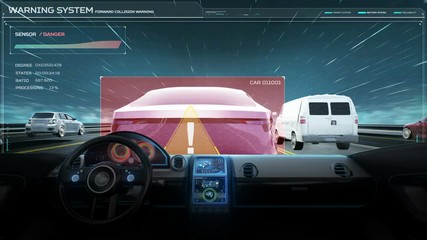 Inside of Future hybrid cars, Autonomous driving. Front collision warning with futuristic UI, Artificial Intelligence, IoT connect automotive. 4k animation.