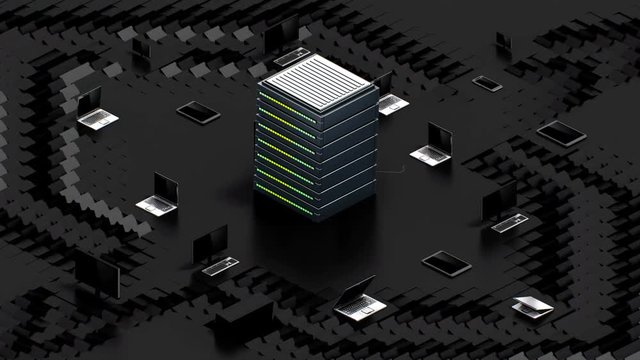 Internet of things artificial intelligence computer technology connect Main server system with various computer. 4k animation. 