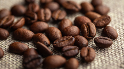 Close up of coffee beans on cloth sack