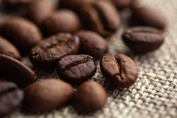 Close up of coffee beans on cloth sack