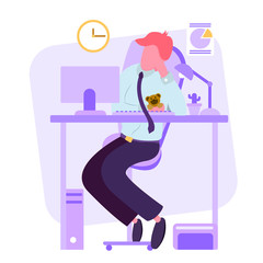 man resting at work, a short break after a long hard work, office worker fell asleep on a break with a soft toy bear,vector image,colorful cartoon character