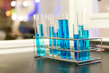 Close up of beautiful blue colorful chemistry liquid in test tube for laboratory or science