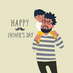 Happy father’s day card. Cute little boy on his father’s shoulder.