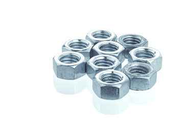 Closeup Bolts, steel screwbolts and nuts Used for capturing workpieces mechanical parts And construction isolated on a white background industrial concept