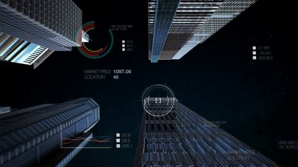 Panning camera, Making steel frame and construction smart city IoT building with futuristic UI, Night time low view. 4k animation. - Powered by Adobe