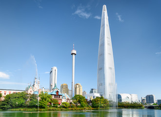 Scenic view of park and skyscraper at Seoul, South Korea