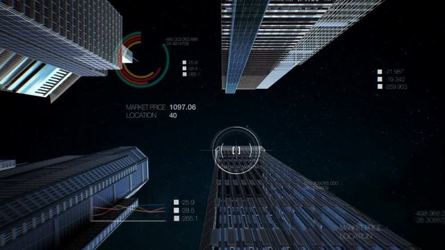 Panning camera, Making steel frame and construction smart city IoT building with futuristic UI,  Night time low view. 4k animation.