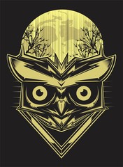 Naklejka premium owl on forest silhouette background and moon. vector hand drawing