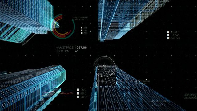 Panning camera, Making steel frame and construction smart city IoT building with futuristic UI,  x-ray low view. 4k animation.