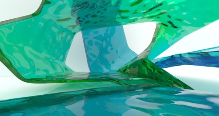 Abstract white and colored gradient glasses interior multilevel public space with window. 3D illustration and rendering.