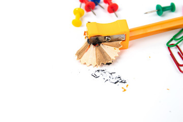 work space Yellow pencil,Sharpener,pins and clip Set for Office and Education at School concept isolate on white background