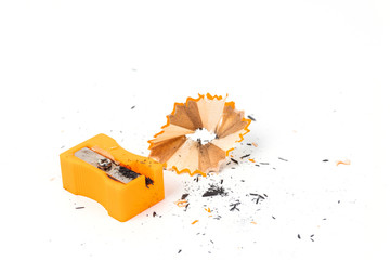 work space Yellow pencil,Sharpener,pins and clip Set for Office and Education at School concept isolate on white background