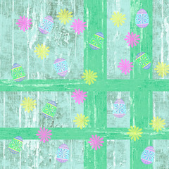 Green yellow pink and aqua painted wood Easter eggs and flowers nostalgic spring background.