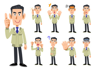 作業着を着た男性の上半身　9種類の表情と仕草のセット2