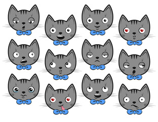 Set of funny cats with blue bow tie on the white background. Vector illustration in cartoon style