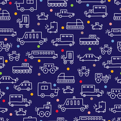 Fototapeta na wymiar Cute cars. Children's vector seamless pattern. Can be used for wallpaper, textile, invitation card, wrapping, web page background.