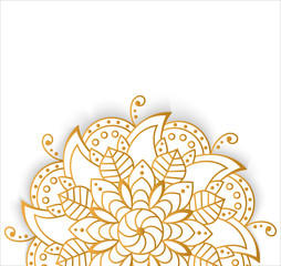 Round gold mandala on white isolated background. Vector boho mandala with floral patterns. Clean white cover with golden symbol of life and health.