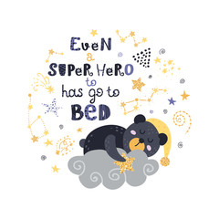 Poster with teddy bear, stars and lettering. Beautiful posters for baby rooms or bedroom.