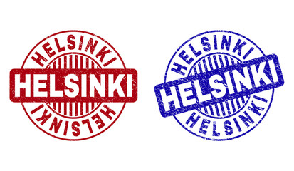 Grunge HELSINKI round stamp seals isolated on a white background. Round seals with grunge texture in red and blue colors. Vector rubber overlay of HELSINKI tag inside circle form with stripes.