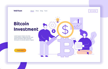 Obraz na płótnie Canvas Vector bitcoin investment modern flat line illustration with big trendy people. Financial strategy website banner design concept.