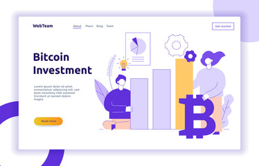 Vector bitcoin investment modern flat line illustration with big trendy people. Financial strategy website banner design concept.