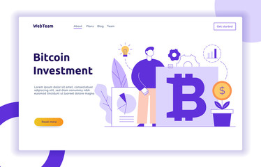 Fototapeta na wymiar Vector bitcoin investment modern flat line illustration with big trendy people. Financial strategy website banner design concept.