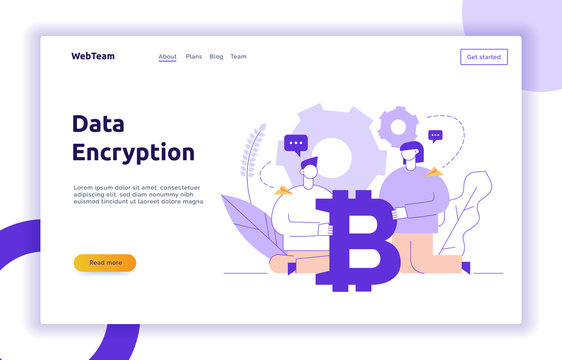 Vector bitcoin investment modern flat line illustration with big trendy people. Financial strategy website banner design concept.