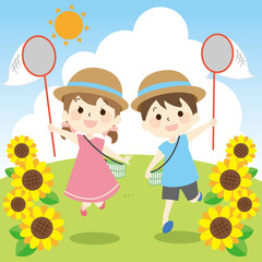 ひまわりと虫取り網を持った子どもたち