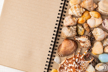 Vacation, travel and summer concept - blank notebook with seashells