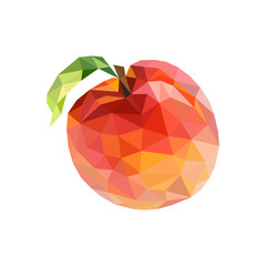 Low poly peach. Polygonal illustration. Vector isolated on white background. Geometric polygonal fruit, triangles. Triangle peach. Triangulation of a ripe peach.