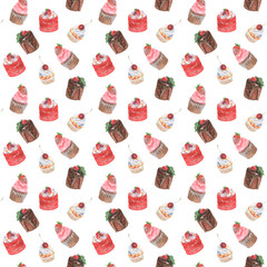 Seamless pattern with cupcakes vanilla strawberry chocolate cherry. Watercolor hand drawn delicious food illustration on white background