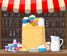 Milk street market store stall. Farmer shop or showcase counter. Dairy products set collection of food. Milk cheese yogurt butter sour cream cottage cream farm products. Vector illustration flat style