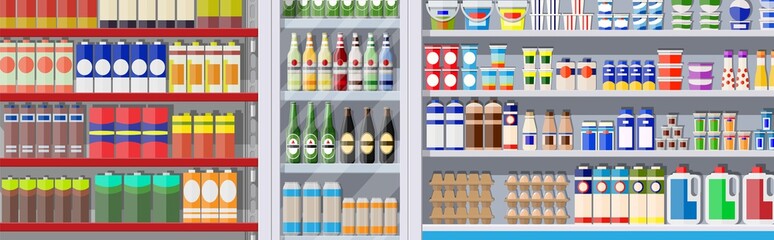 Supermarket shelves with groceries. Goods and products. Food and drinks in boxes and bottles. Various packages on racks. Mall, shop, retail store. Vector illustration in flat style