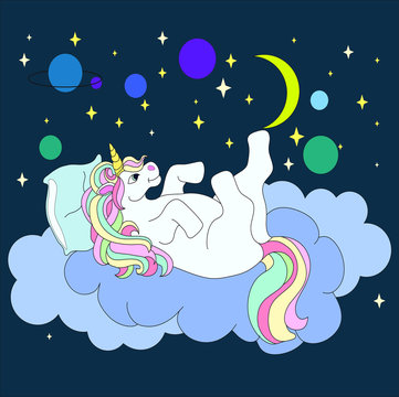 cheerful unicorn lies on a cloud,planet vector,illustration ,children's