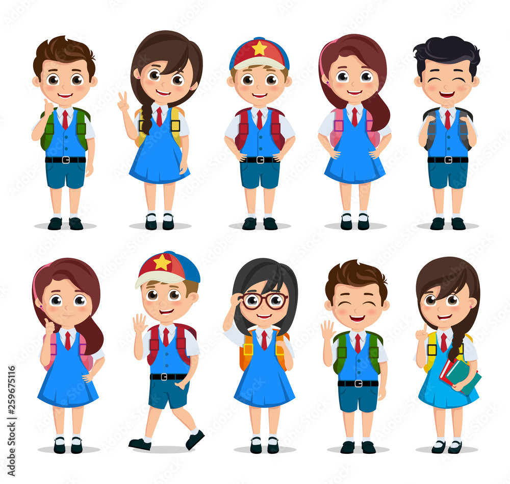 Wall mural Student characters vector set. School kids cartoon characters wearing school uniform with various poses and gestures for education related design elements. Vector illustration.